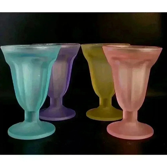 Vintage Libbey Ka-Dinks Pastel Frosted Glass Sundae Footed Parfait Cups Set Of 4 - Picture 5 of 5